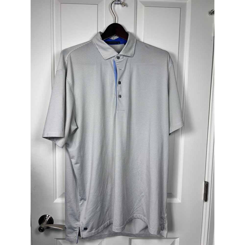 Greyson Mens XL Stripe Golf Polo Shirt Grey White Blue Wolf Logo Performance